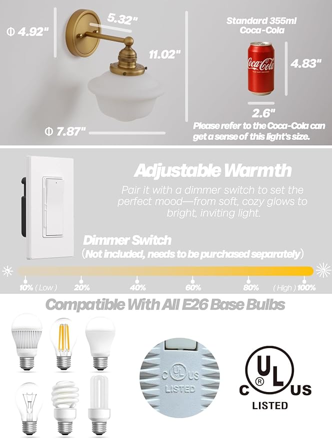 Gold Wall Sconce, Vintage Bathroom Vanity Light, Modern Frosted Milk Glass Sconces Brass Wall Lights for Living Room Bedroom Kitchen Hallway Stairway E26 Hardwire Indoor