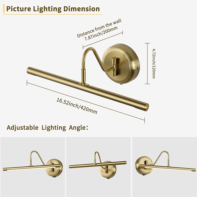 JOOSENLUX Battery Operated Picture Light Gold - Modern Wireless Picture Lights for Wall Dimmable 16.5inch Under Cabinet and Swing Arm for Canvas Sconce 3000K CRI95