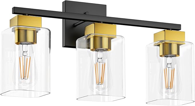 Black and Brushed Gold Bathroom Vanity Light, 3-Light Vanity Lighting fixtures Over Mirror, Square Design & UL Certification, Wall Sconces with Clear Glass Shades, E26 Socket (Bulbs Not Included)