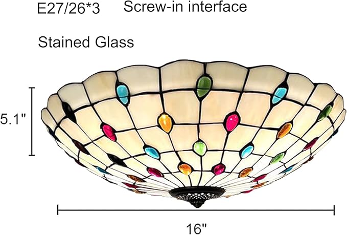 Tiffany Flush Mounts Ceiling Lights,Peacock Blue Crystal Beads Stained Glass Lampshade Ceiling Lamp for Kitchen Dining Room Livingroom Bedroom Ceiling Chandeliers Pendant Light,Multicolor,16in