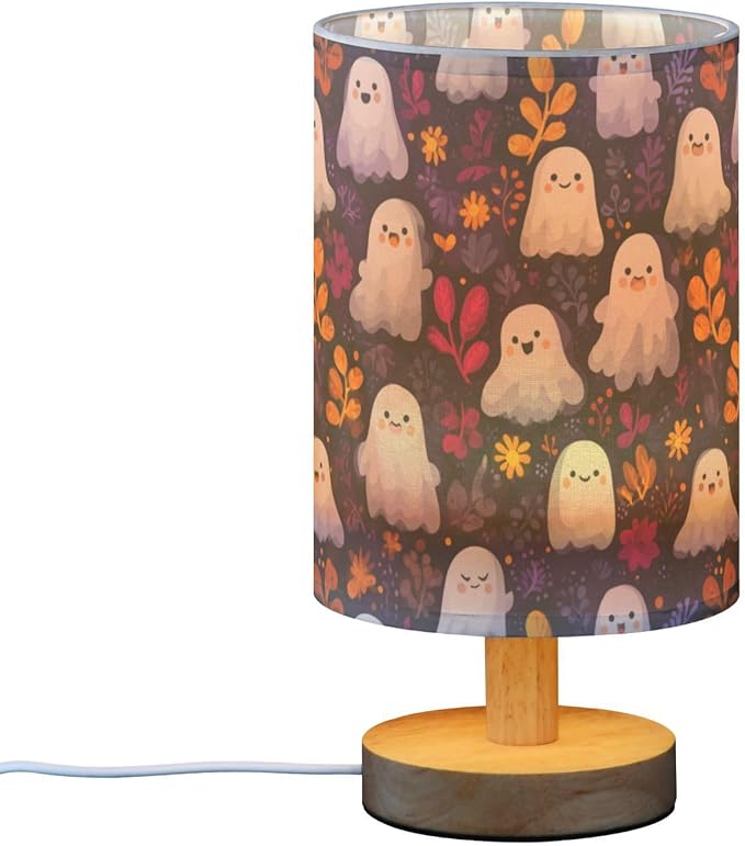 Aslsiy Cute Halloween Ghost Leaves Bedside Table Lamp Black Nightstand Lamp Night Light Fabric Shade for Bedroom Living Room Home Office