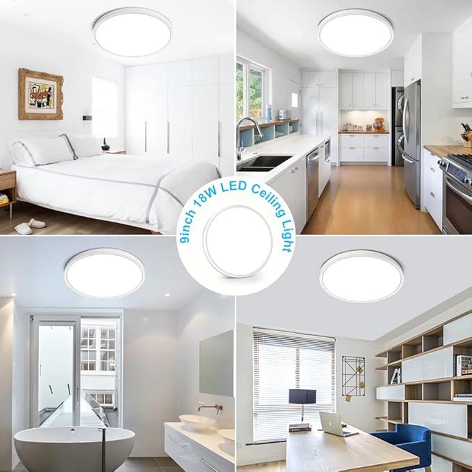 inShareplus 9inch LED Ceiling Light, White 18W(180W Equiv) 6000K Cold White Flush Mount Ceiling Lights Fixture, Super Bright, 1800LM Modern Ceiling Lamp for Bedroom Kitchen, Office, Hallway