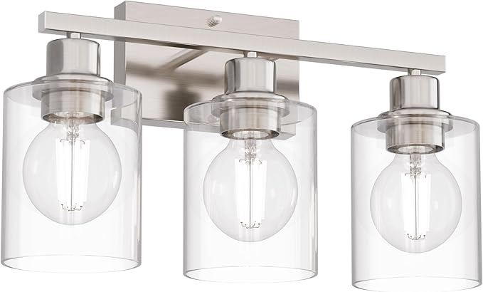 Bathroom Lighting Fixtures Over Mirror Brushed Nickel, Rustproof 3-Light Vanity Lights for Bathroom, 18Inches Modern Wall Sconces E26 Base, Transparent Clear Glass Shades, Bulbs Not Included