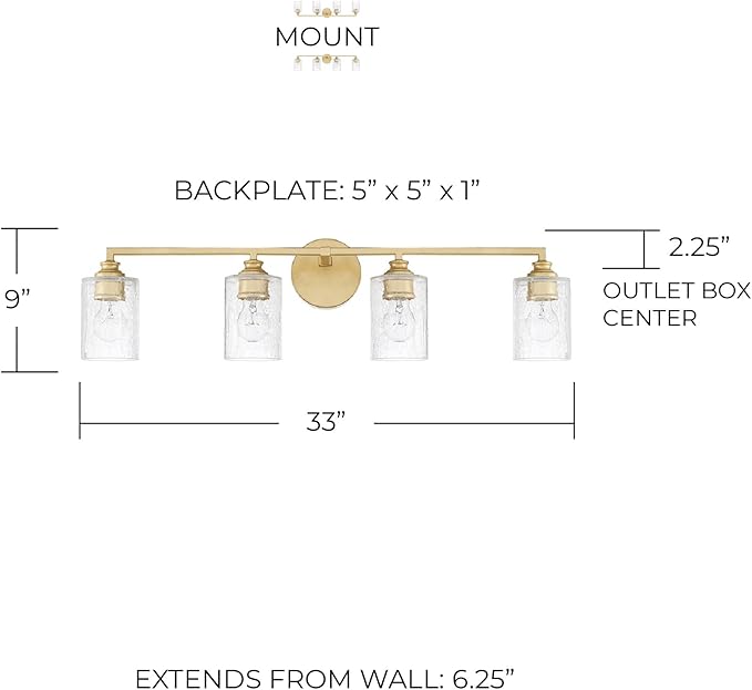 Capital Lighting 120541CG-422 Milan Iced Glass Bath Vanity Wall Mount, 4-Light 400 Total Watts, 9" H x 33" W, Capital Gold