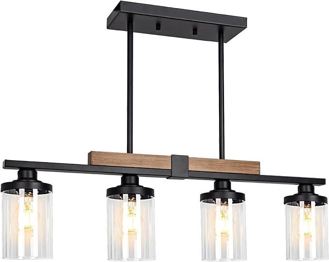 Dining Room Light Fixture Over Table, Farmhouse 4-Light Kitchen Island Lighting, Modern Wood Chandelier with Adjustable Height, Large Industrial Black Pendant Lights Ceiling Hanging for Living Room
