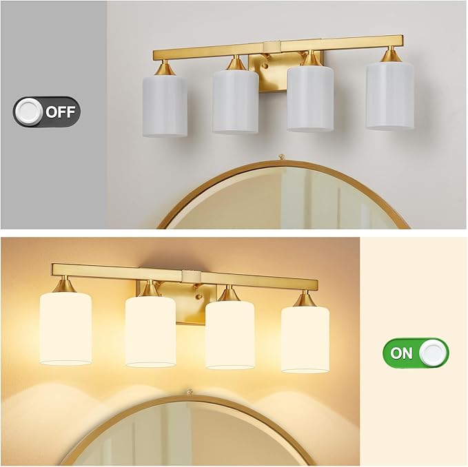 ZHU YAN 4-Light Bathroom Lighting Fixtures Over Mirror,Gold Bathroom Light Fixtures,Modern Wall Sconces Milky White Glass Shades for Bathroom Vanity Light,E26 Base