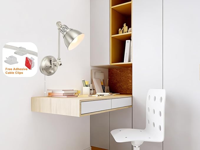 2 Pack Plug in Wall Sconces with Remote Control, Dimming, Adjustable Colors 2700K-6500K, Swing Arm Wall Lamps with Night Light & Timer, Plug-in or Hardwired, LED Bulbs Included, Brushed Nickel