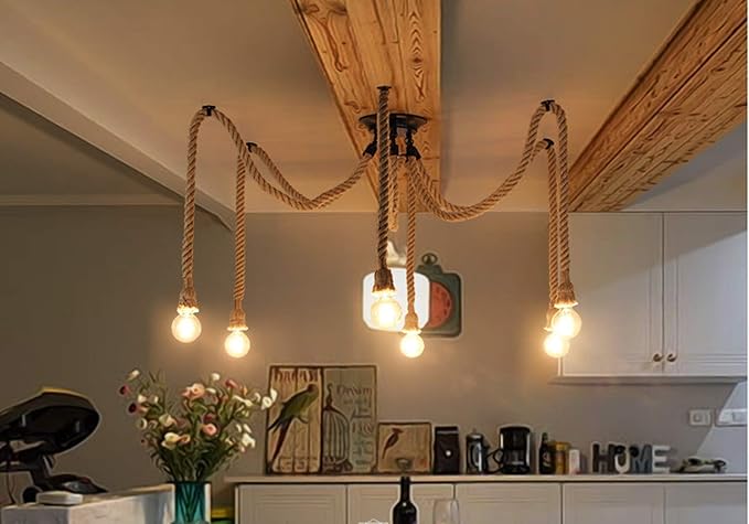 Pendant Light Hemp Rope Chandelier Vintage Ceiling Light Industrial Iron Metal Ceiling Lamp Edison E27 Loft Retro Style 6 Heads