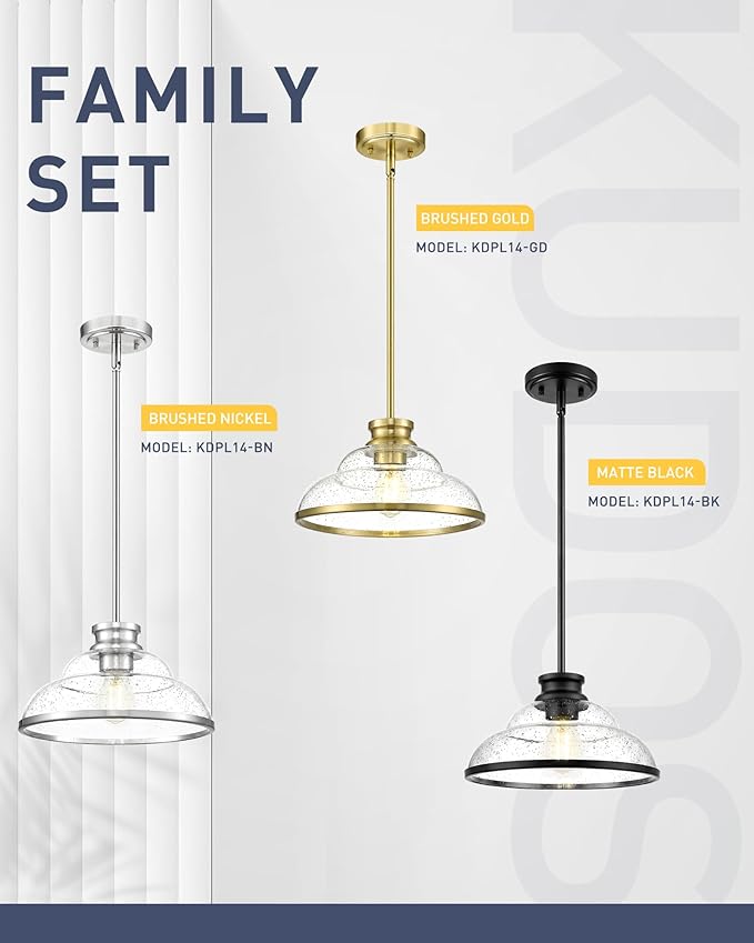 kudos Pendant Lights Kitchen Island, 11" Brushed Nickel Kitchen Island Lighting with Seeded Glass, Farmhouse Pendant Light fixtures for Kitchen Sink Dining Room Hallways, KDPL14-BN