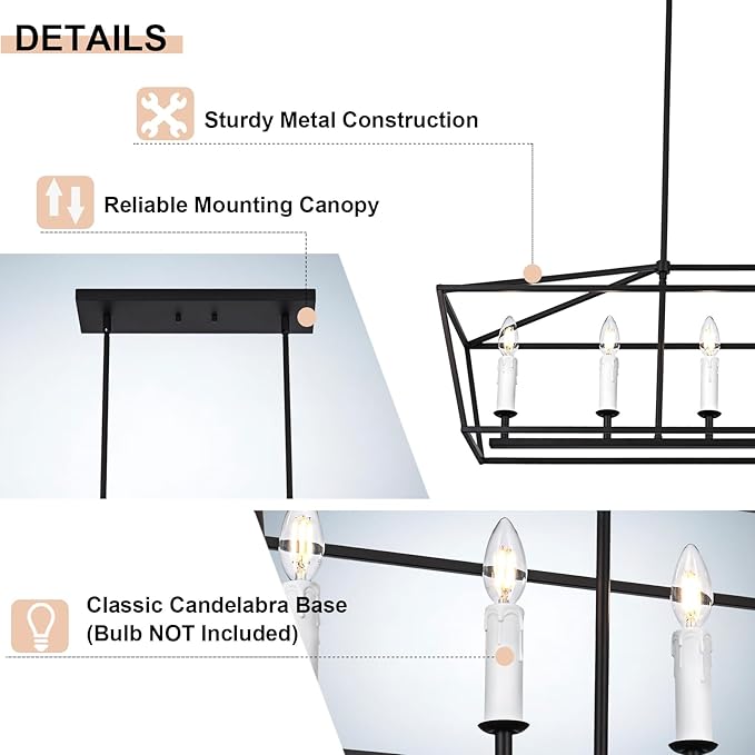 4-Light Kitchen Island Lighting, Modern Black Dining Room Chandelier Over Table Pendant Light Fixture, E12 Bulb Base