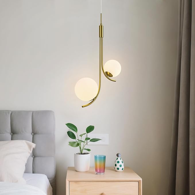Modern Pendant Light Fixture Gold Globe Pendant Lights Kitchen Island White Frosted Milk Glass Sputnik Chandelier Vintage for Kitchen, Office, Entryway (2-Light)