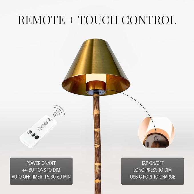 Bamboo Cordless LED Table Lamp – Rechargeable 24-Hour Battery, Dimmable Warm Light, 15" Portable Wireless Lamp with Remote for Indoor/Outdoor Use, Home, Patio, Restaurant – Polished Gold