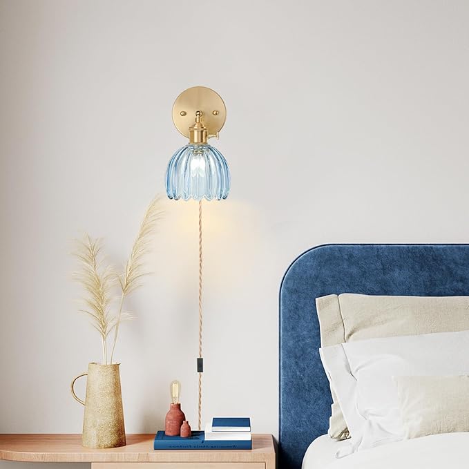 Plug in Wall Sconce, Vintage Sconce Light with Tulip Denim Blue Glass Lampshade, Bedside Wall Sconce with Switch and Plug in Wall Lamp Cord, Gold Wall Light for Bedroom