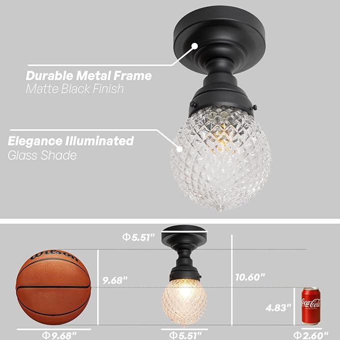 Schoolhouse Semi Flush Mount Ceiling Light,Black Close to Ceiling Light Fixtures with Hand-Blown Glass Shade Modern Hallway Ceiling Lamp for Laundry Entryway Kitchen Bathroom E26