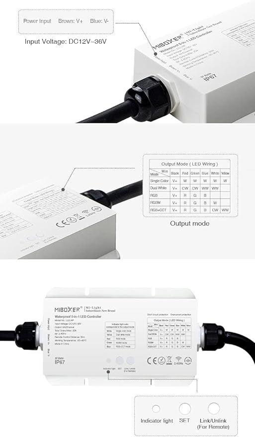 LGIDTECH LS2-WP LED Strip Lights 5 in 1 Controller,IP67 Waterproof,Compatible with Single Color,RGB,RGBW,WW+CW Dual White Temperature,RGB+CCT LED Strip Lights