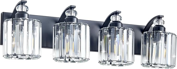 4-Light Black Bathroom Light Fixture Modern Vanity Lights Over Mirror Vintage Wall Sconce Lighting for Bathroom, Bedroom, Living Room, Hallway E26 Base with Crystal Bathroom Vanity Light