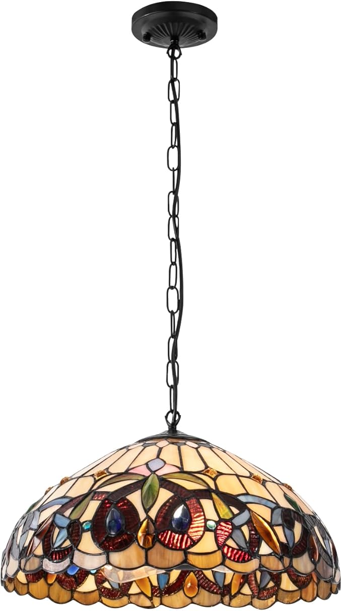 Vintage Pendant Light Fixtures, 16Inch Stained Glass Hanging Lamp 100-240V Antique Style Ceiling Mount Light for Dining Room Living Room Kitchen Entryway-E26