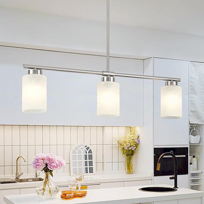 3-Light Kitchen Island Lighting Brushed Nickel Dining Room Light Fixture with Milk Glass Shade 31" Modern Linear Chandelier Adjustable Hanging Pendant Lighting Over Island Dining Table Living Room,E26