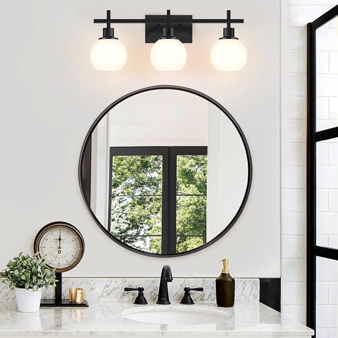 Dpyrrhic Modern Vanity Lighting Fixtures,3-Light Black Bathroom Lighting Fixtures Over Mirror,Bathroom Wall Mounted Vanity Light with Milky White Glass Lampshade for Living Room,Bedroom,Hallway