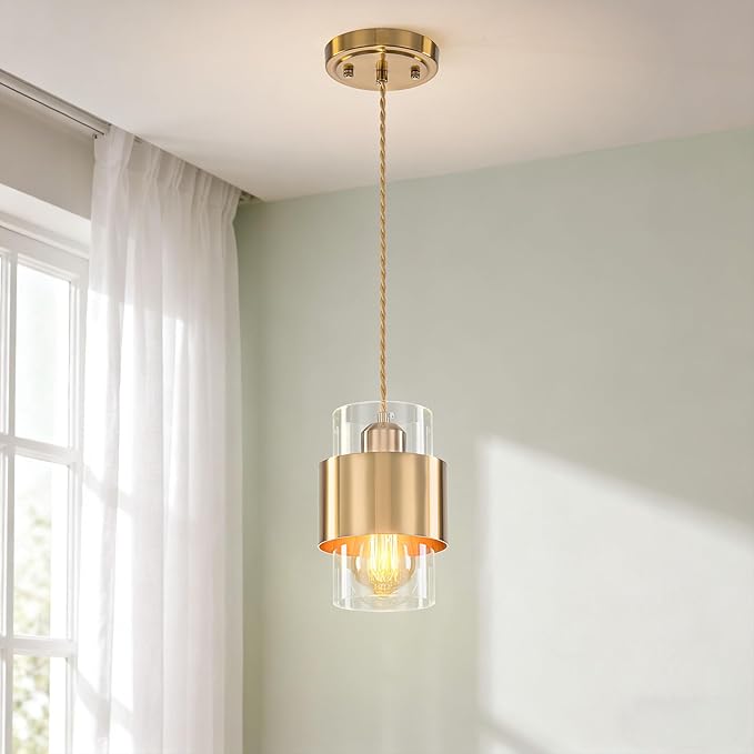 Modern Pendant Lighting, Gold Pendant Light Fixtures Ceiling Light for Kitchen Island Hallway Porch Corridor Bedroom with Clear Glass Shade, 1 Light