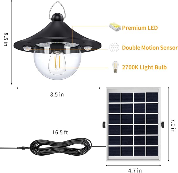 Solar Shed Light Indoor Outdoor Pendant Lights Solar Powered with 2 Motion Sensor, Waterproof Solar Hanging Lamp for Porch, Inside Home, Farmhouse, Gazebo, Chicken Coop, Daytime Available, 2 Pack