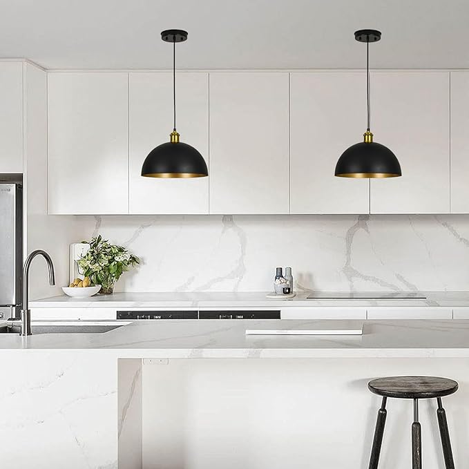 Pendant Lights Kitchen Island - 12-Inch Farmhouse Dome Hanging Light Fixture, Black and Gold Industrial Ceiling Light Adjustable Kitchen Pendant Lighting for Dining Room, Bedroom, Living Rooms