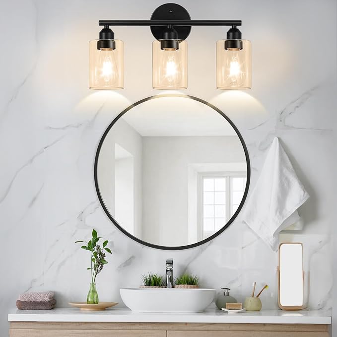 3-Light Bathroom Vanity Light Fixture, Modern Wall Lamp for Mirror with Clear Amber Glass Shade and Black Finish