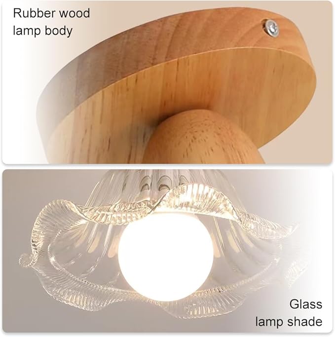 Schoolhouse Light Fixture Wood Ceiling Lamp, Semi Flush Mount Ceiling Light, 12'' Base, Balcony Solid Wood Hanging Light Farmhouse Bedroom Kitchen Hallway Glass Close to Ceiling Lights (D)