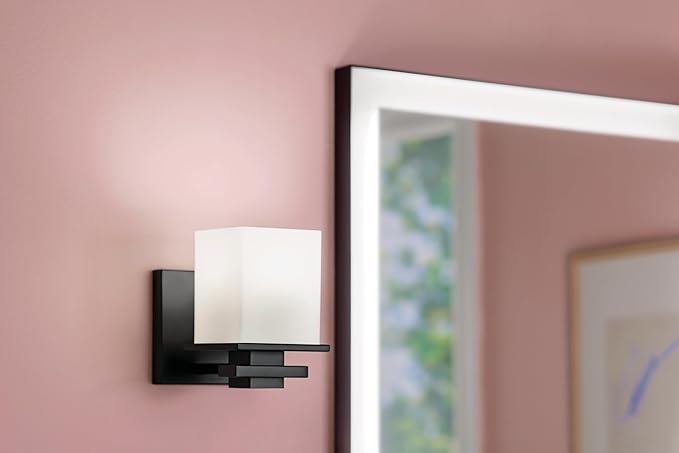 Kichler Tully 6.5" 1-Light Wall Sconce with Satin Etched Cased Opal Glass in Black for Vanity, Living Room, Dining Room, Bedroom, Laundry Room, Mudroom, Hallway, Stairwell (6.5 x 5 x 7"), 45149BK