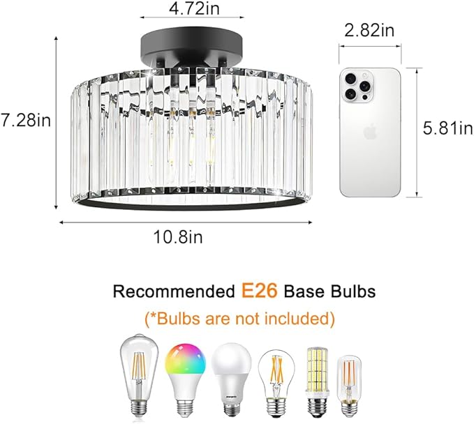 Crystal Ceiling Light Fixture, Modern Semi Flush Mount Ceiling Light, Black Close To Ceiling Light Fixtures, Crystal Chandelier Entryway Light, 11in Chandelier for Bedroom Porch Kitchen Living Room