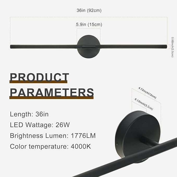 Matte Black Bathroom Light Fixtures Over Mirror 36 Inch, 26W 360° Rotatable Dimmable 4000K Led Vanity Light Bar, Modern Bathroom Vanity Lights Above Mirror