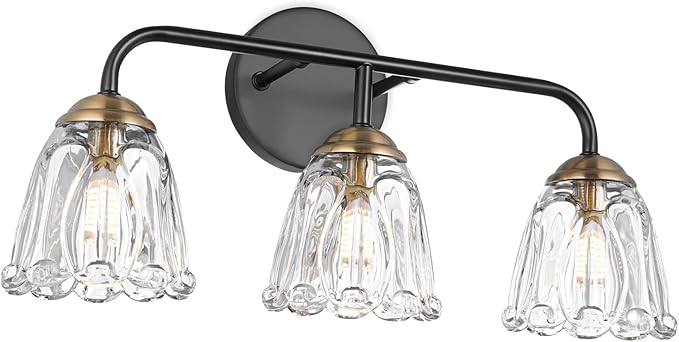 Daunton Vintage 3 Light Vanity Light, Black and Gold Bathroom Vanity Light, Bathroom Light Fixtures with Glass Shade, Antique Vanity Light Fixtures Over Mirror, Wall Sconce for Bedroom, Living Room