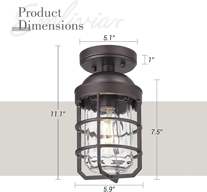Emliviar Pack of 2 Semi-Flush Mount Ceiling Lights with Water Ripple Glass Shade, Vintage Metal Ceiling Lamps in Oil Rubbed Bronze Finish, GE255LF-2PK ORB-WG