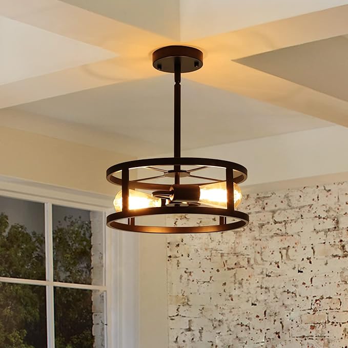 Industrial Black Semi Flush Mount Ceiling Light,Farmhouse Kitchen Lighting, Sloped Ceilings Lights Fixtures for Dining Room Hallway Entryway, 2-Light