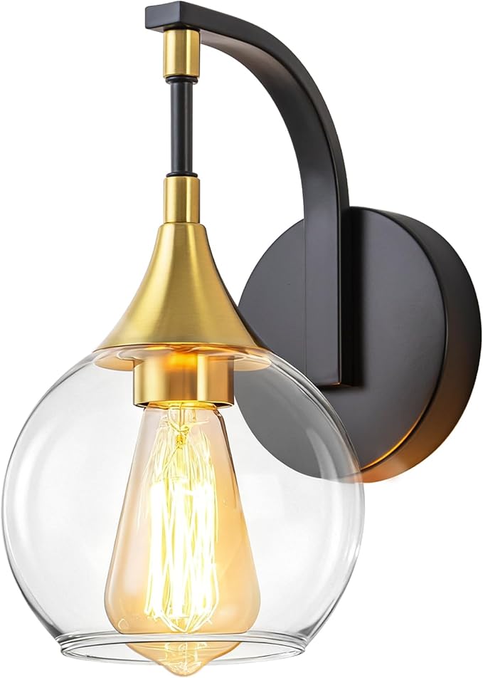 Indoor Wall Sconce, Black and Gold Wall Light Fixture with 4.9 Inches Clear Glass Shade, Bathroom Vanity Lights for Mirror, Bedroom, Hallway
