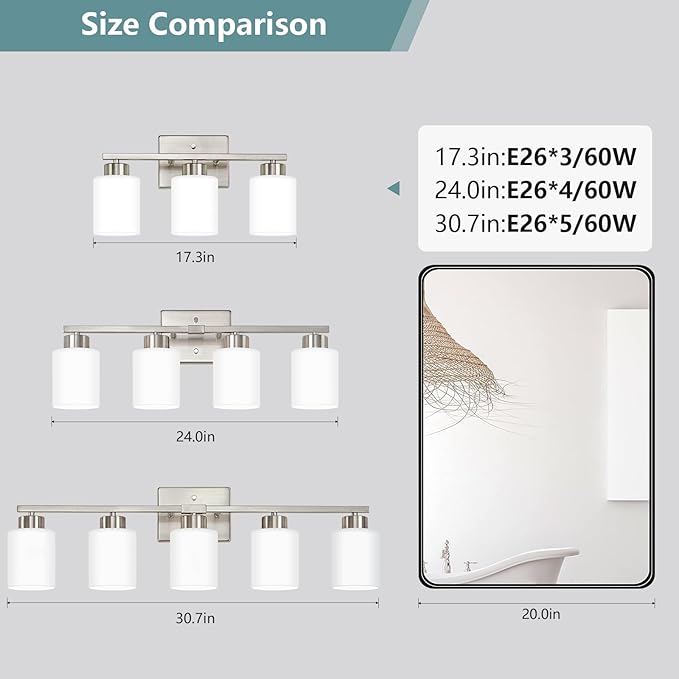 Brushed Nickel Bathroom Light Fixtures, 4-Light Modern Vanity Lights with Milky White Frosted Glass Shades, Wall Sconces for Mirror, Bathroom, Restroom (E26 Socket)