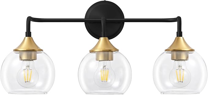 Bathroom Light Fixtures 3 Light Bathroom Vanity Light with Clear Glass Shade, 22 inch Vanity Lighting Fixtures Over Mirror, Black and Gold Vanity Lights Fixture (Exclude E26 Bulb)