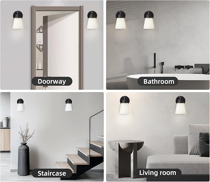 Wall Light Fixtures 2 Pack, Matte Black Vanity Lights with Milk Glass Shades, Modern Farmhouse Wall Sconces for Gallery, Mirror, Bedroom, and Bathroom