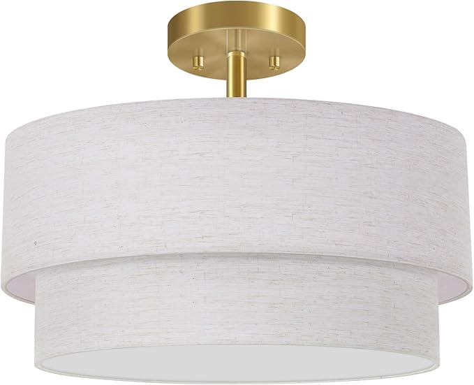16.5'' Semi Flush Mount Ceiling Light, 3-Light Gold Ceiling Light Fixtures, Farmhouse Close to Ceiling Light with Linen Shade, Modern Drum Ceiling Light for Living Room/Hallway/Bedroom/Dining Room