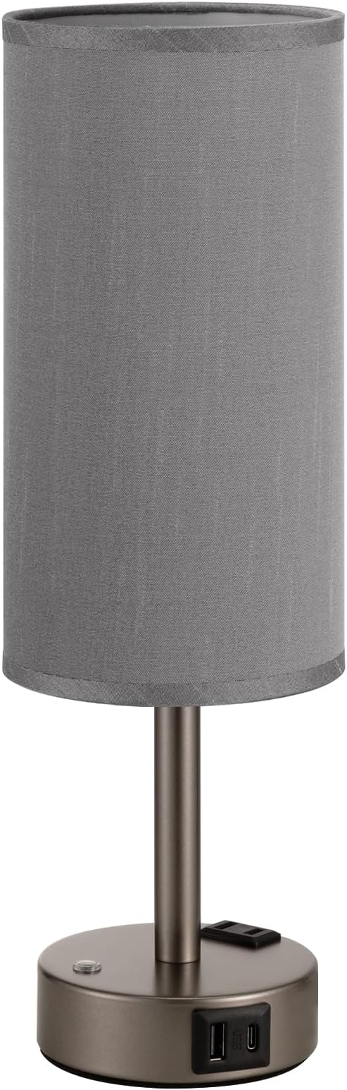 Touch Bedside Table Lamp with Memory - Stepless Dimmable Lamp for Bedroom, Small Nightstand Lamp with Dual USB Charging Ports and AC Outlet, Wood Night Light, Deak Lamp for Nursery (Grey & Grey)