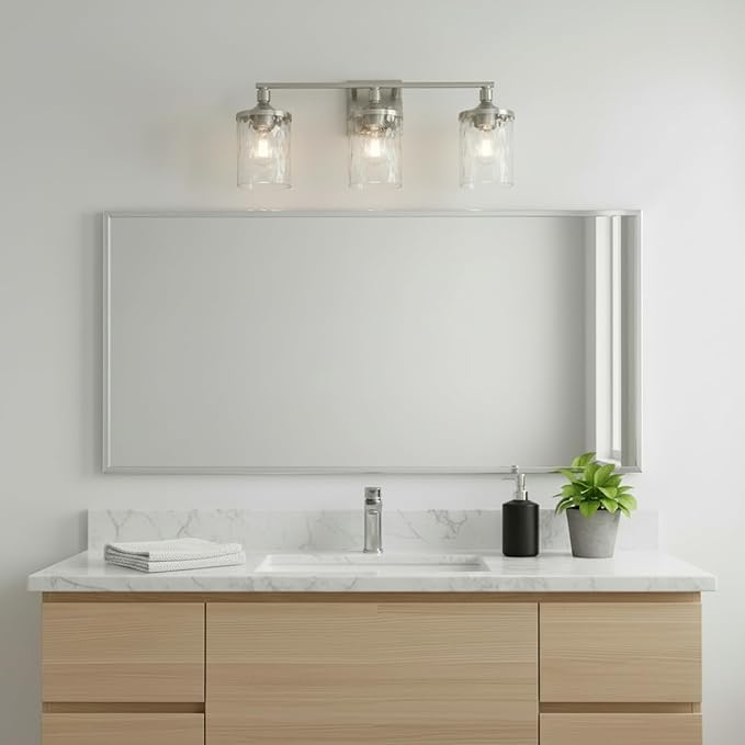 HomePlace Lighting 128831BN-451 Colton Mid-Century Clear Water Glass Bathroom Vanity Wall Light, 3-Light 300 Total Watts, 10" H x 24" W, Brushed Nickel