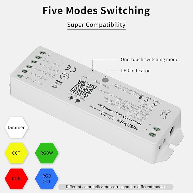 PAUTIX WiFi 5-in-1 LED Controller Dimmable for Monochrome CCT RGB RGBW RGBCCT LED Strip Lights Compatible with Tuya APP/Smart Life/Alexa/Google Home/Siri,DC12-24V Lights Controller(Without Battery)
