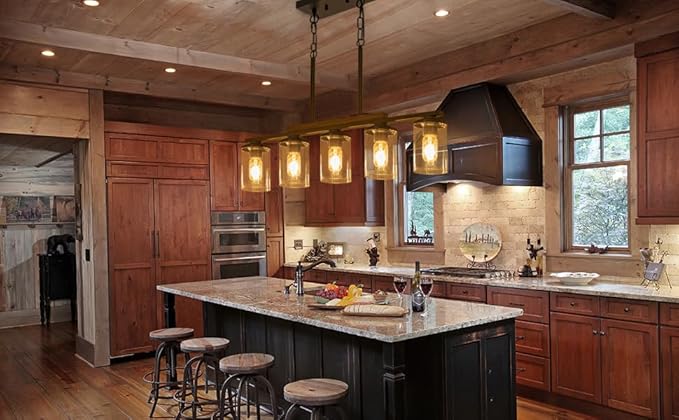 Farmhouse Dining Room Light Fixture, 2026 Upgrade 5-Light Pendant Lights Kitchen Island Lighting, 32.4" Black Farmhouse Chandeliers for Dining Room Chandelier Over Table with Wood Clear Glass Shade