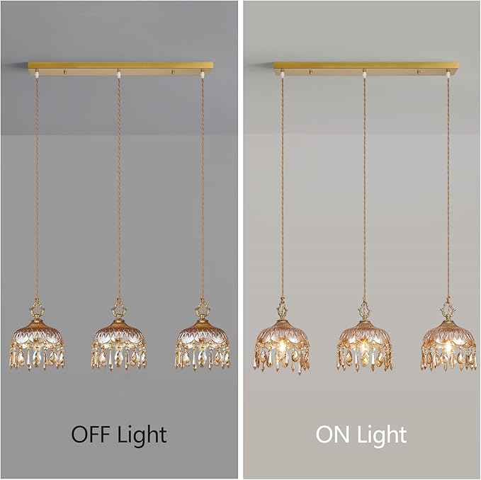 3-Light Glass Pendant Light Crystal Hanging Light Fixtures,Brass Vintage Amber Glass Pendant Lights for Kitchen Island Dining Room Living Room Bedroom Hallway(Amber,Long Chassis)