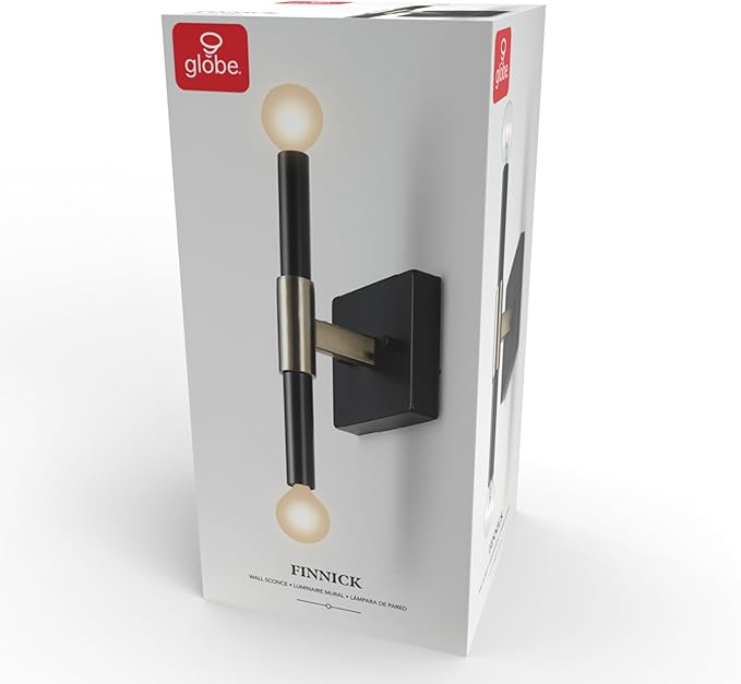 Globe Electric 65000044 2-Light Wall Sconce, Matte Black, Antique Brass Accent, E12 Base Sockets, Lights for Living Room, Home Decor, Lighting, Mounted Bedside Lamp