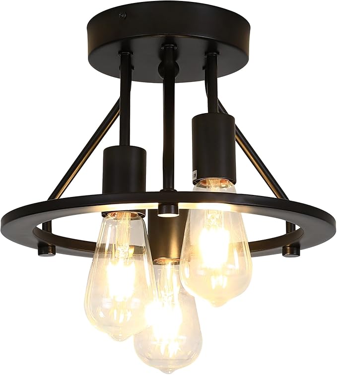Semi Flush Mount Ceiling Light Fixture 3-Light Matte Black Ceiling Light E26 Edison Farmhouse Industrial Small Chandelier for Entryway Hallway Bedroom Kitchen Foyer Passway Balcony