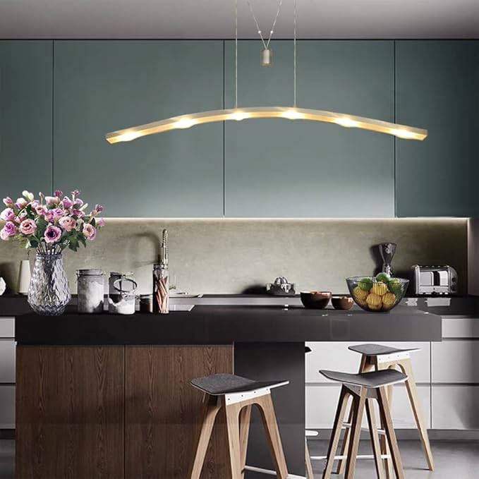YIFONTIN LED Island Pendant Light Fixture Pulley Streamlined Cambered Chandelier Modern Warm Lamp 27W 47.5" Width for Dinning Reading Room Kitchen Island Restaurant Housewarming, Brushed Aluminum.