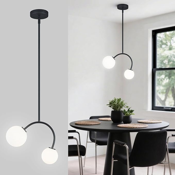 Modern Pendant Light Fixtures, 4.72" Milk Glass Pendant Lights Kitchen Island, Matte Black Kitchen Island Chandeliers for Dining Room, 2 Round Globe-1 Pack,G9 Bace(Bulb Not Included)
