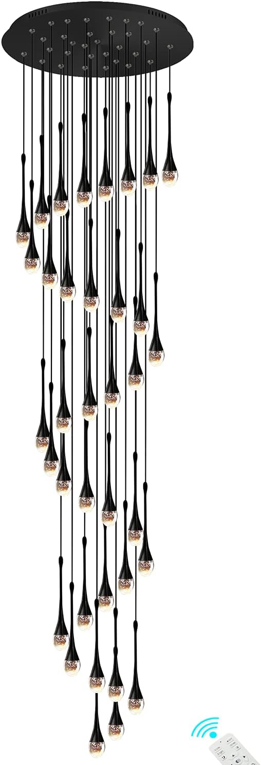 ykolupty H150'' High Ceiling Chandeliers for Entryway 36-Lights Black Spiral Crystal Chandelier Modern Raindrop Chandeliers for Villa Staircase,Hanging Light Fixtures for High Ceiling