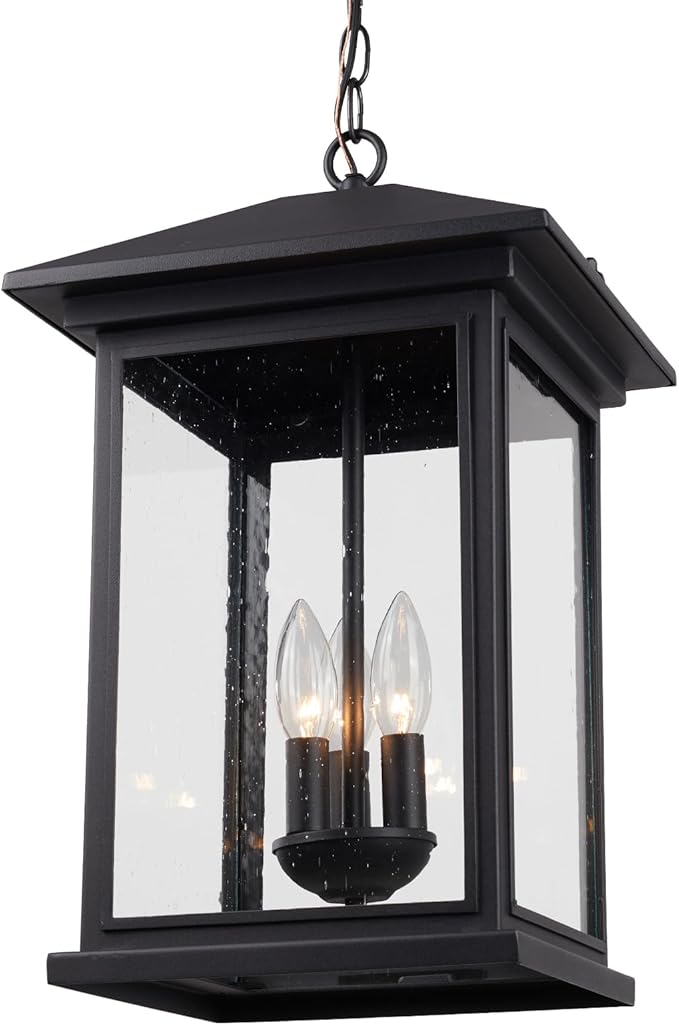 Treekee Large Outdoor Pendant Light, Modern Adjustable Hanging Lantern, Black Outside Porch Chandelier Light with Seeded Glass, Exterior Pendant Lighting for Patio, Porch, Yard, Gazebo